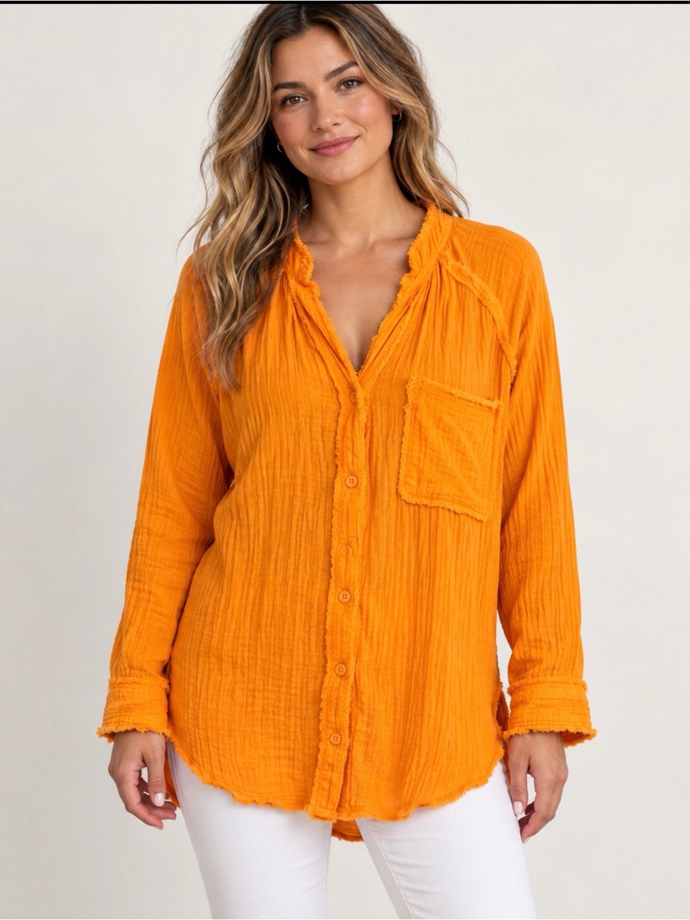 aerie Vibrant Orange Crinkle Button-Down Shirt
